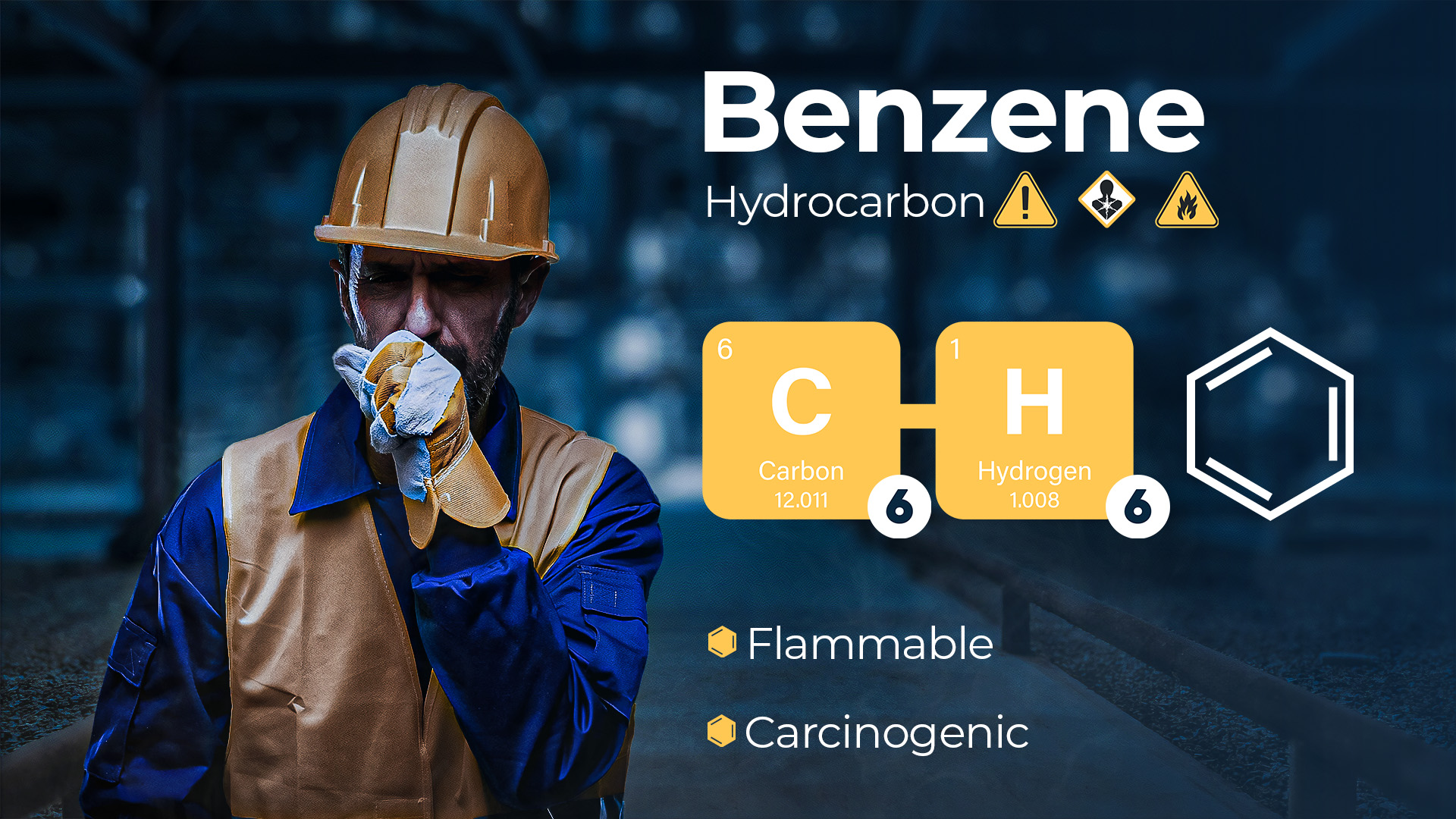 Benzene | Hydrocarbon | C6H6 | flammable and Carcinogenic | Man in hard hat covers mouth in petrochemical setting.